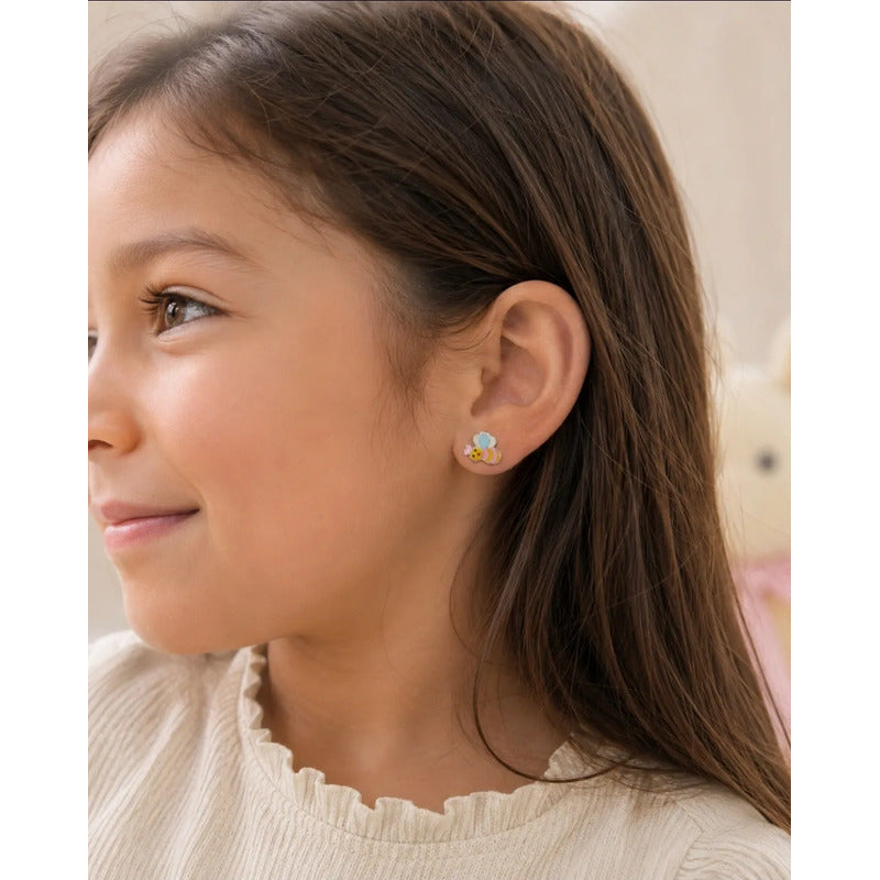 Aros Plata 925 Abejita Esmaltada Niña Mujer Con Caja Regalo Multicolor