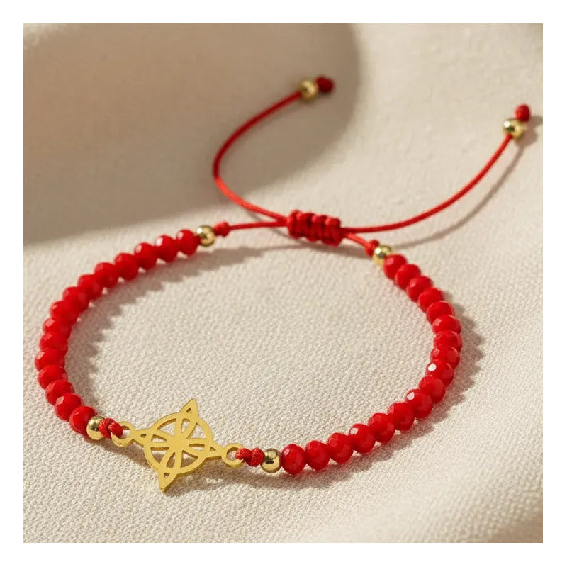 Pulsera Nudo De Bruja Cristales Rojos Protección Y Suerte Dorado 20 Cm