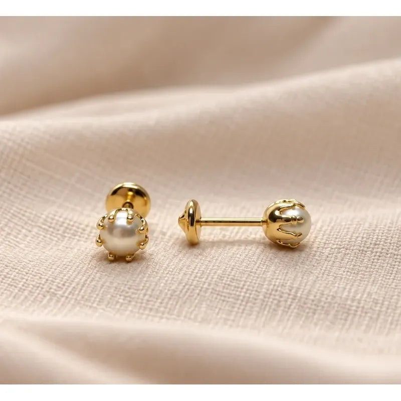 Aros Bebé Niña Perla 4mm Enchapados Oro 18k Tope Seguridad Dorado
