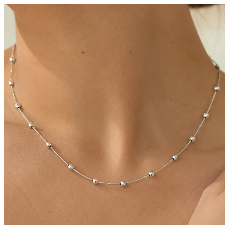 Set Collar Y Pulsera Acero Inoxidable Femenino Plateado Con Balines