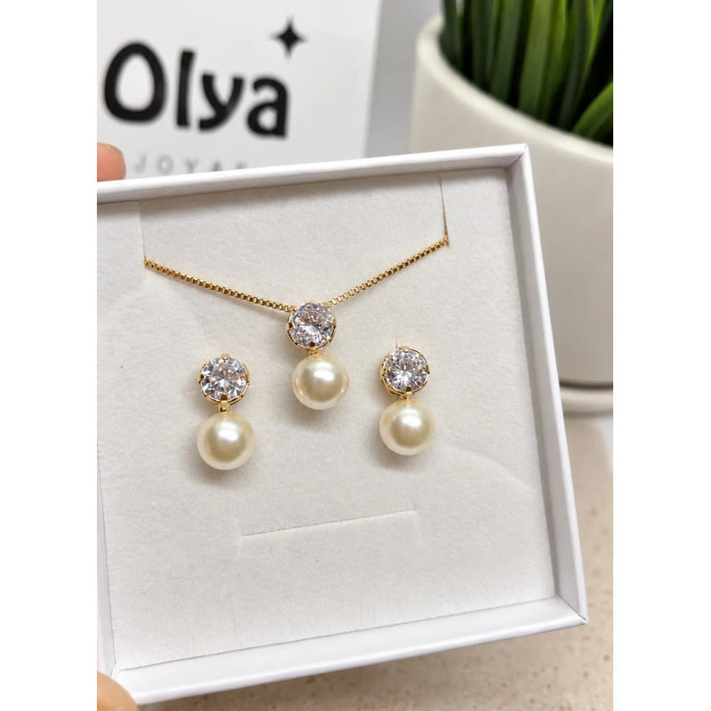 Set Collar Aros Mujer Perla 8mm Enchapado Oro 18k Regalo Dorado