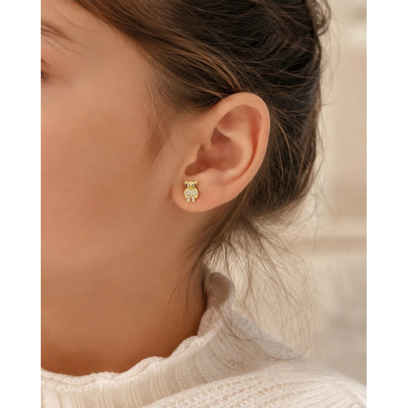 Aros Infantiles Oro 18k Enchapado Osito Brillante Niña Mujer Dorado