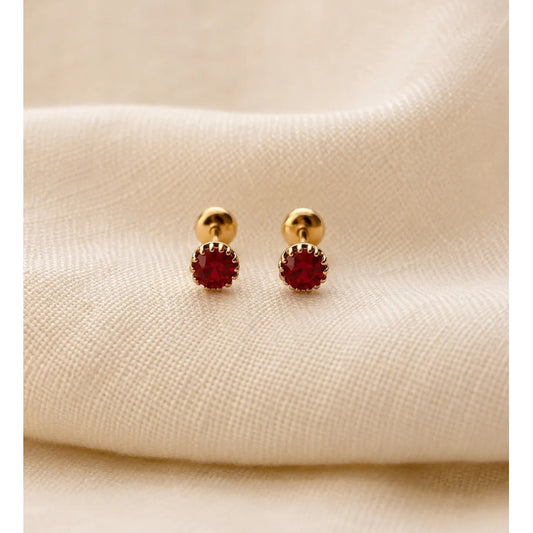 Aros Punto De Luz Oro 18k Enchapado Mujer Niña Tope Seguro Dorado Con Rojo