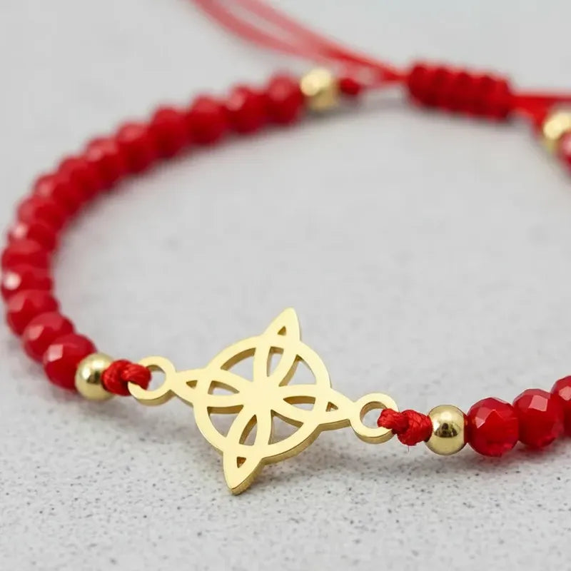Pulsera Nudo De Bruja Cristales Rojos Protección Y Suerte Dorado 20 Cm