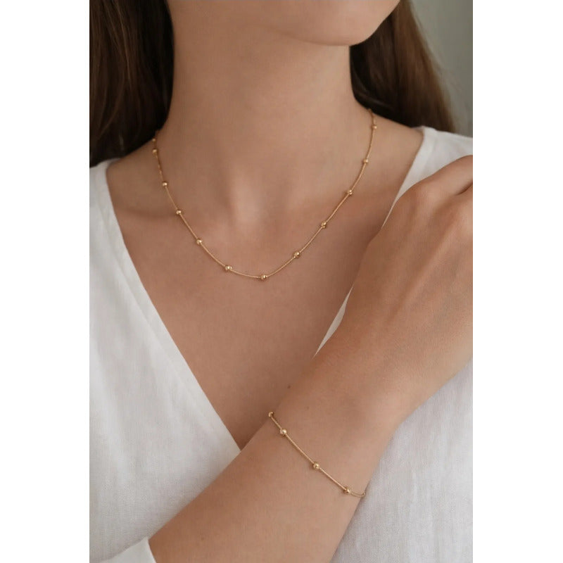 Set Collar Y Pulsera Acero Inoxidable Femenino Dorado Con Balines