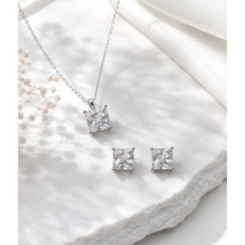 Collar Aros Mujer Set Punto De Luz En Acero Quirúrgico Pack Plateado