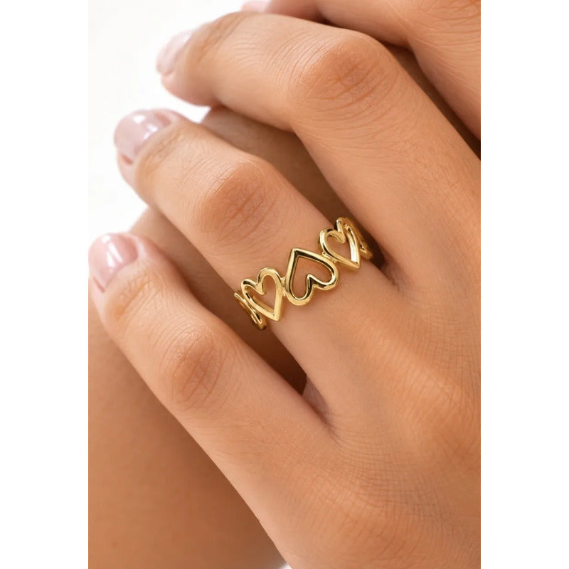 Anillo Mujer Ajustable Acero Inoxidable 316l Tira Corazones Dorado Ajustable