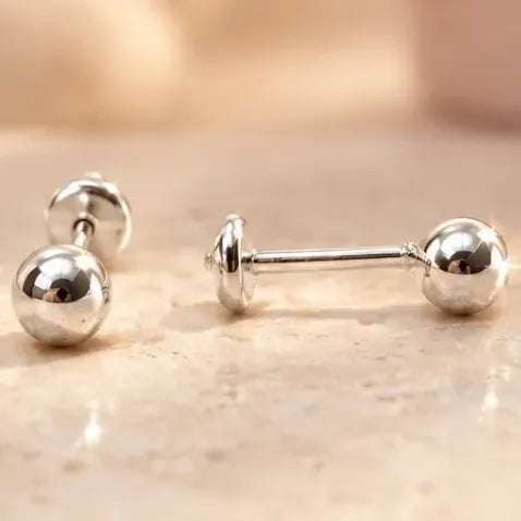 Aros Bebé Niña Plata Bolita 4mm Tope Seguridad Caja Regalo Plateado