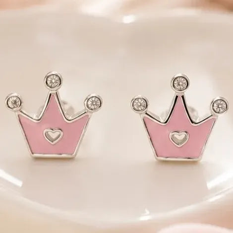 Aros Plata 925 Niña Corona Rosa Brillo Caja Regalo Infantil Rosa