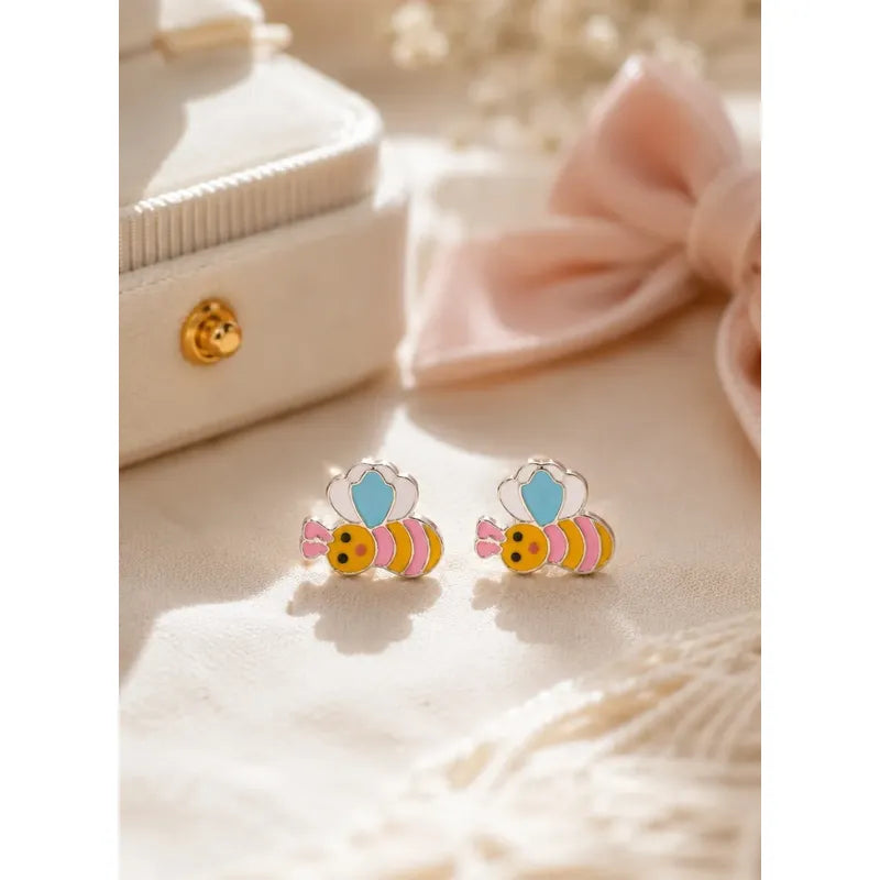 Aros Plata 925 Abejita Esmaltada Niña Mujer Con Caja Regalo Multicolor