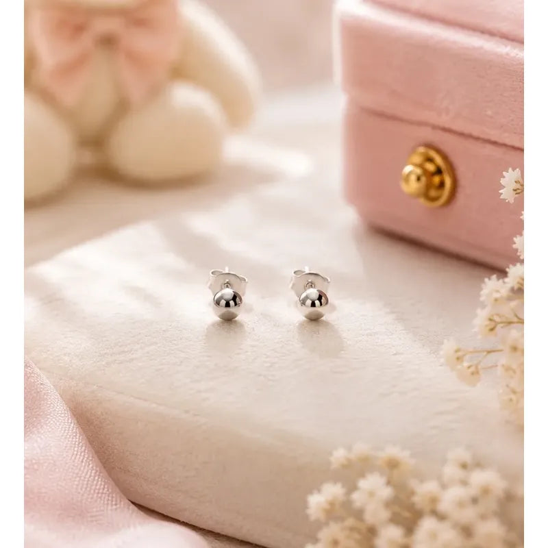 Aros Plata 925 Bebé Niña 3mm Clásicos Bolitas Tope Seguridad Plateado