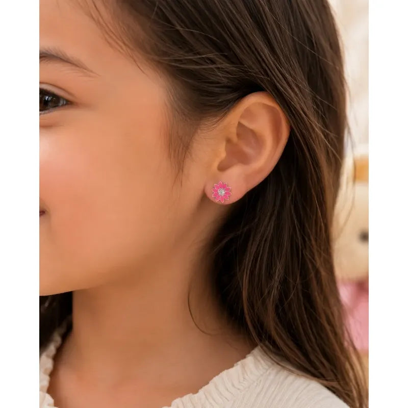 Aros Plata 925 Flor Rosa Niña 8mm Esmaltados Regalo Infantil Rosa Chicle