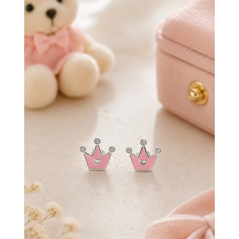 Aros Plata 925 Niña Corona Rosa Brillo Caja Regalo Infantil Rosa