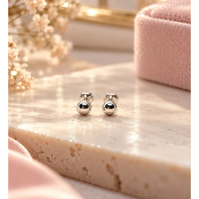 Aros Bebé Niña Plata Bolita 4mm Tope Seguridad Caja Regalo Plateado