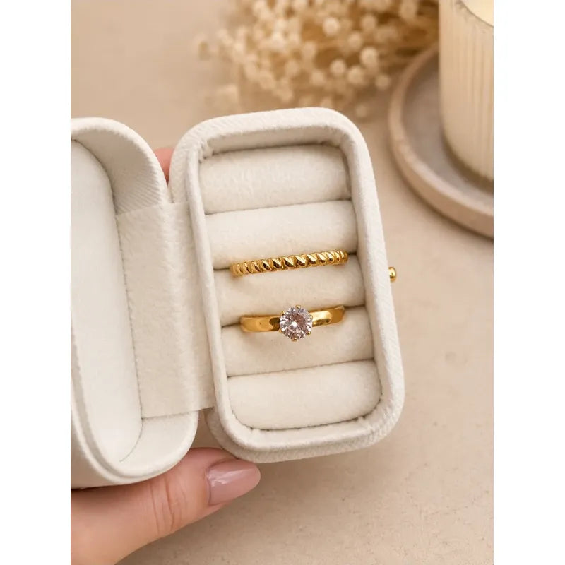 Anillos Mujer Set Solitario Y Trenzado En Acero Inoxidable Dorado 20