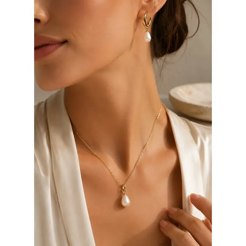 Collar Aros Perla Mujer En Acero Y Enchape Set Con Caja Dorado