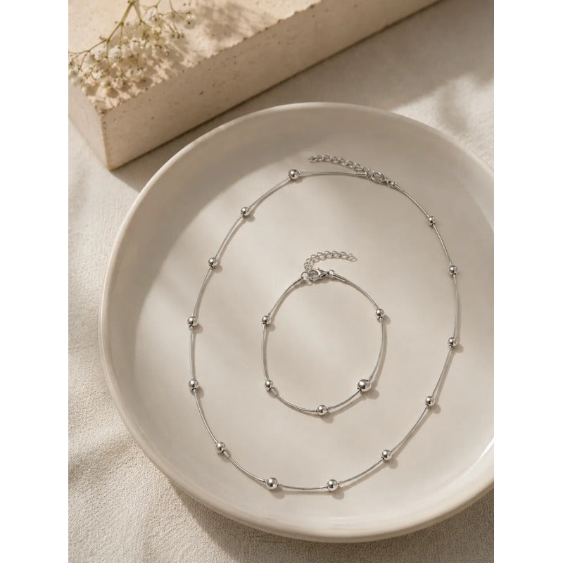 Set Collar Y Pulsera Acero Inoxidable Femenino Plateado Con Balines