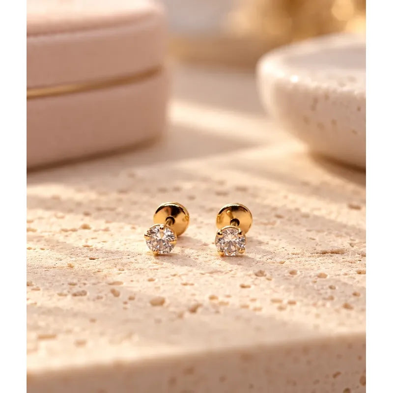 Aros Niña Bebe Punto De Luz Oro Enchapado 3mm Tope Seguridad Dorado