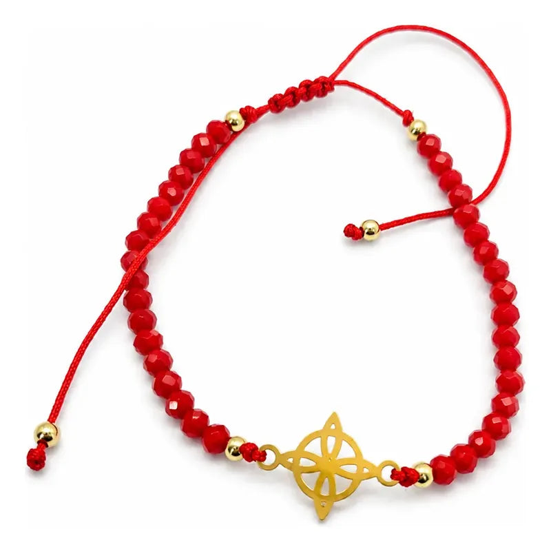 Pulsera Nudo De Bruja Cristales Rojos Protección Y Suerte Dorado 20 Cm