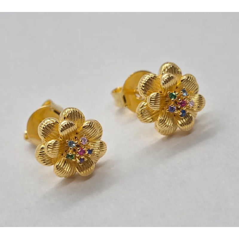 Aros Florales Enchapados En Oro 18k De Mujer Mas Caja Regalo Dorado