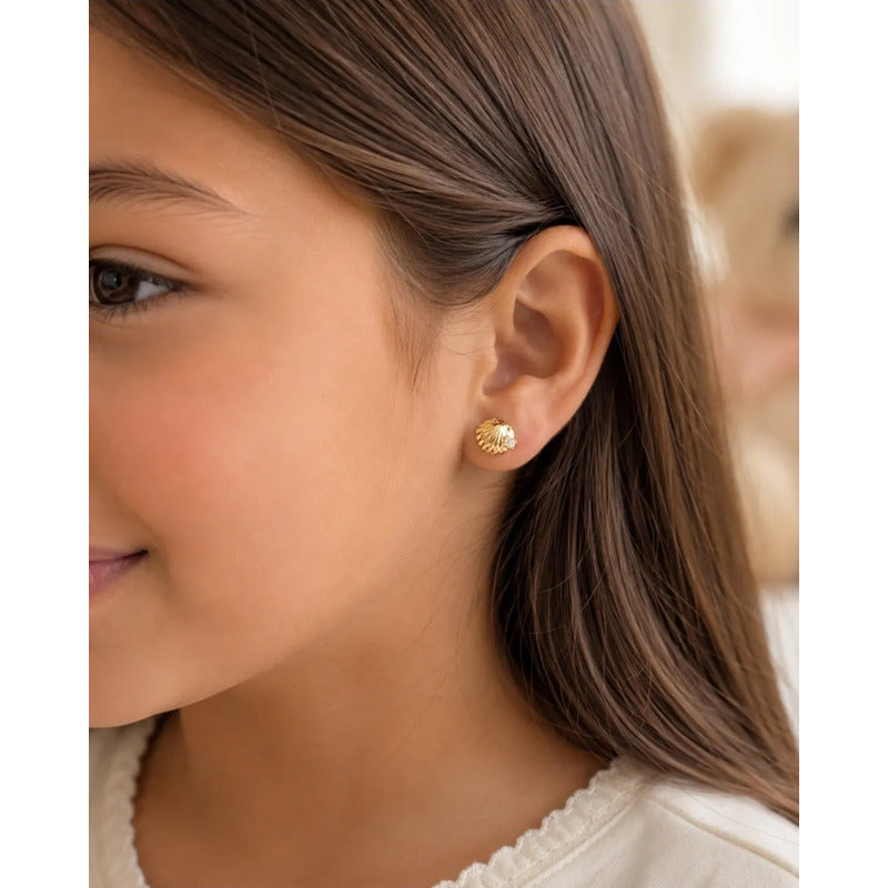 Aros Oro 18k Enchapado Niña Concha Marina 5mm Infantil Mujer Dorado