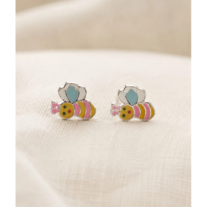 Aros Plata 925 Abejita Esmaltada Niña Mujer Con Caja Regalo Multicolor