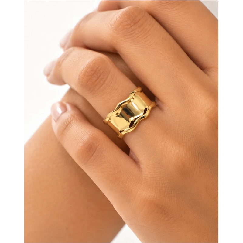 Anillo Mujer Ajustable Acero Inoxidable 316l Diseño Ondulado Dorado Ajustable
