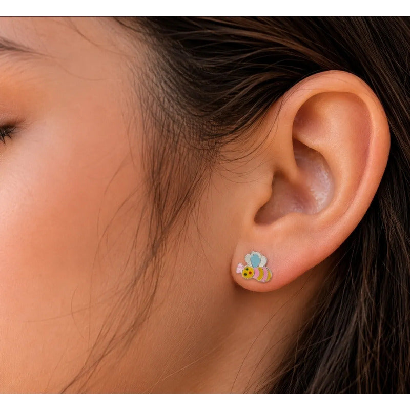Aros Plata 925 Abejita Esmaltada Niña Mujer Con Caja Regalo Multicolor