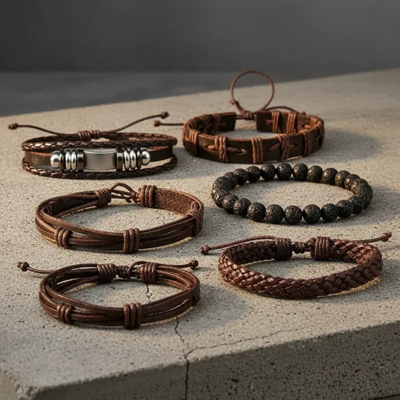 Pulseras Hombre Pack 6 Ajustables Set Variado Ecocuero Acero Marrón Oscuro 18 Cm