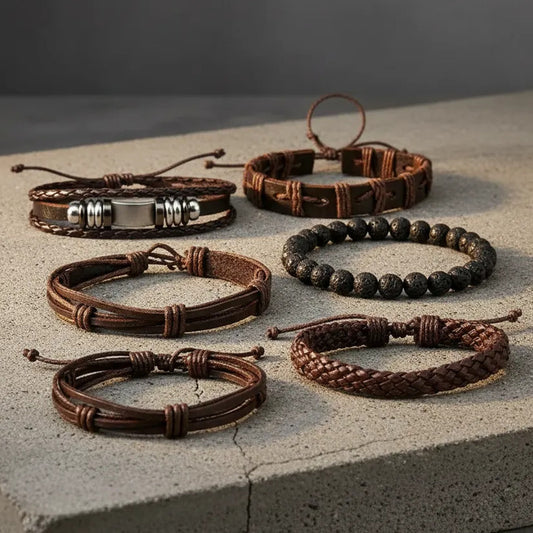 Pulseras Hombre Pack 6 Ajustables Set Variado Ecocuero Acero Marrón Oscuro 18 Cm