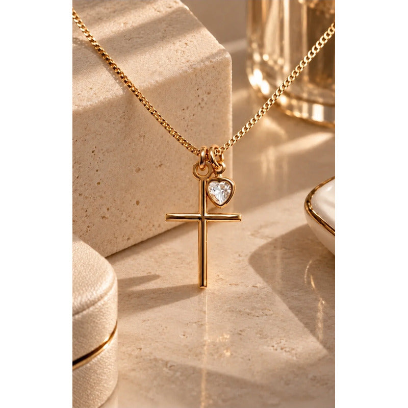 Collar Cruz Mujer Enchapado Oro Dije Corazón Circonita 45cm Dorado