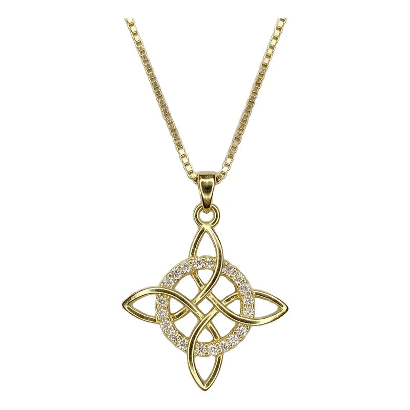 Collar Nudo Bruja Dorado con Brillos Amuleto Protección Acero Mujer