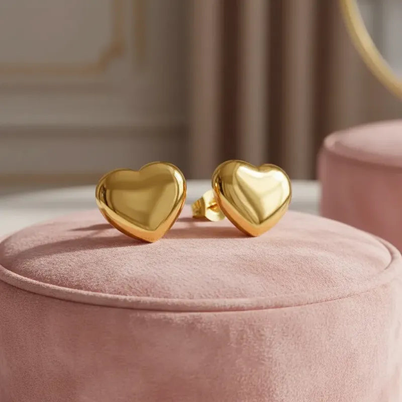 Aros Mujer Corazón Acero Inoxidable 1cm Casuales Caja Regalo Dorado