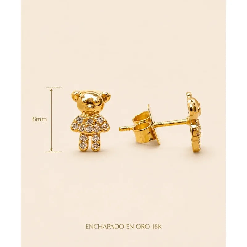 Aros Infantiles Oro 18k Enchapado Osito Brillante Niña Mujer Dorado