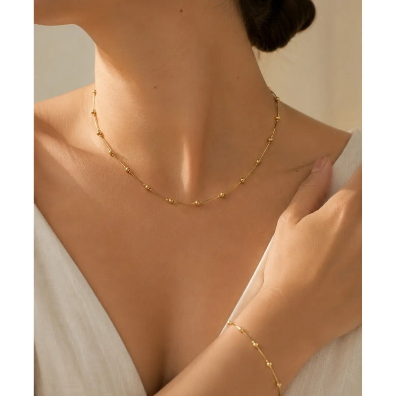Set Collar Y Pulsera Acero Inoxidable Femenino Dorado Con Balines