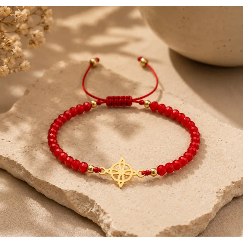 Pulsera Nudo De Bruja Cristales Rojos Protección Y Suerte Dorado 20 Cm