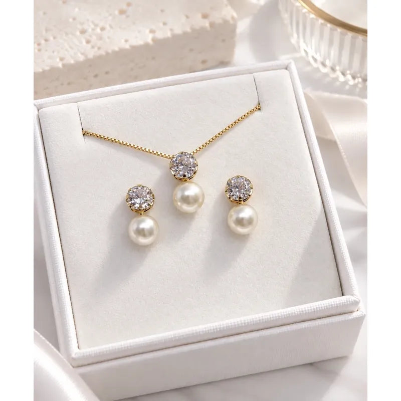 Set Collar Aros Mujer Perla 8mm Enchapado Oro 18k Regalo Dorado