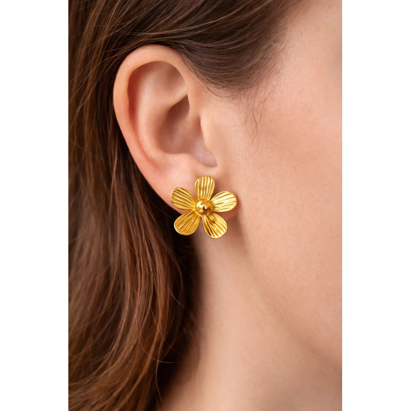 Aros Mujer Flor Acero Inoxidable 2.5cm Moda Elegante Dorado