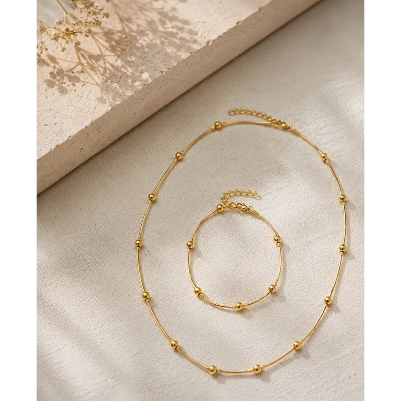 Set Collar Y Pulsera Acero Inoxidable Femenino Dorado Con Balines