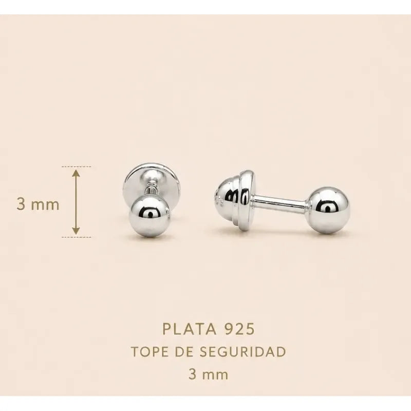Aros Plata 925 Bebé Niña 3mm Clásicos Bolitas Tope Seguridad Plateado