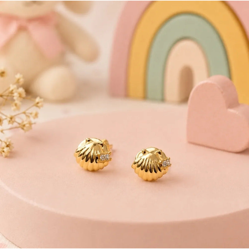 Aros Oro 18k Enchapado Niña Concha Marina 5mm Infantil Mujer Dorado
