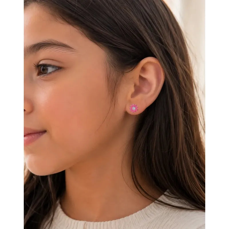 Aros Plata 925 Flor Rosa Niña 8mm Esmaltados Regalo Infantil Rosa Chicle