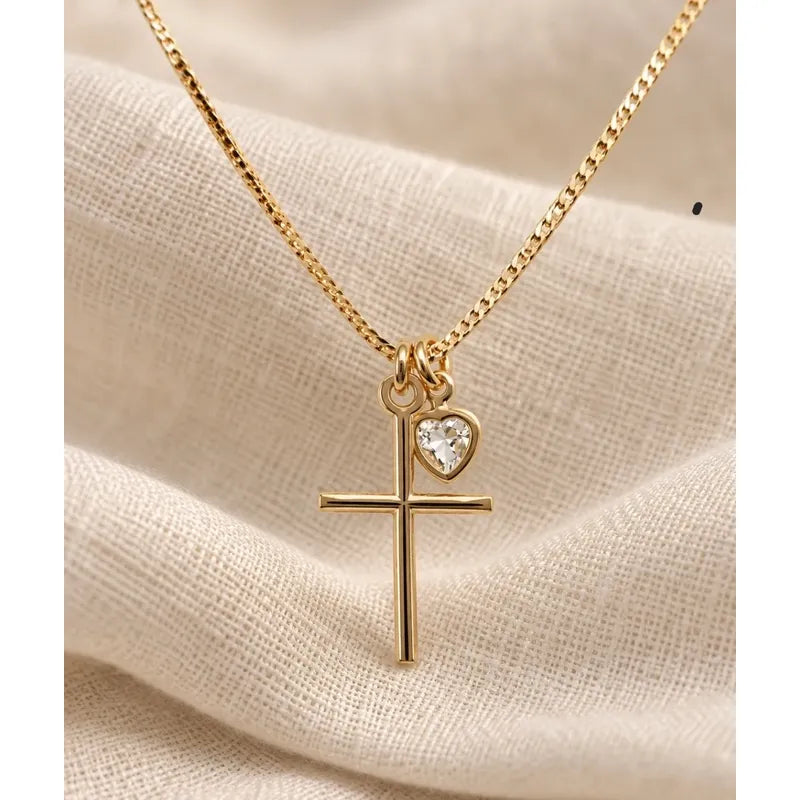 Collar Cruz Mujer Enchapado Oro Dije Corazón Circonita 45cm Dorado