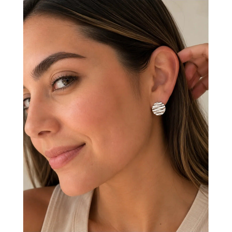 Aros Mujer Sin Perforación Redondos  Textura Enchapado Plata Plateado
