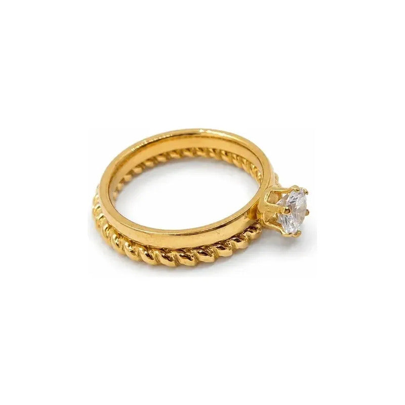 Anillos Mujer Set Solitario Y Trenzado En Acero Inoxidable Dorado 19