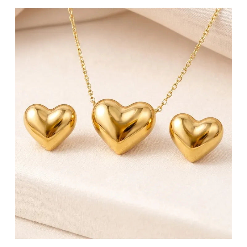 Conjunto Corazón Acero Dorado Collar Y Aros Regalo Mujer Set Dorado