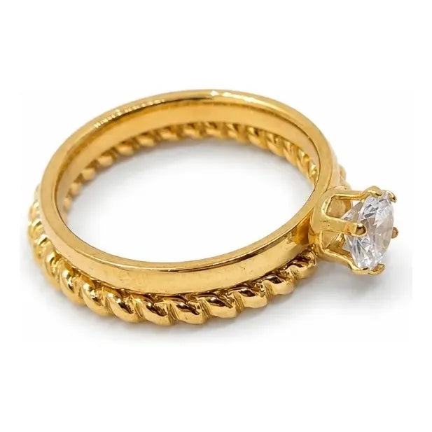 Anillos Mujer Set Solitario Y Trenzado En Acero Inoxidable Dorado 18