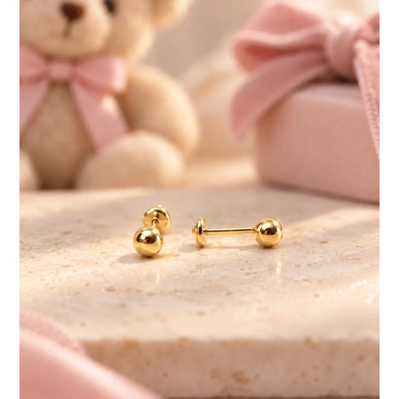 Aros Niña Bebé Bolita Lisa 4mm Enchapado En Oro Tope Seguro Dorado