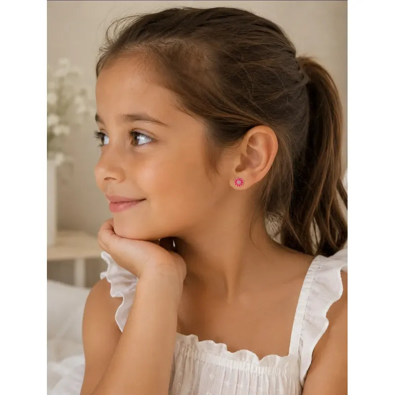 Aros Plata 925 Flor Rosa Niña 8mm Esmaltados Regalo Infantil Rosa Chicle