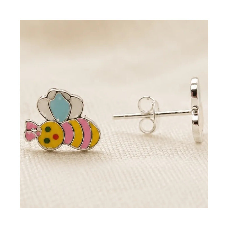 Aros Plata 925 Abejita Esmaltada Niña Mujer Con Caja Regalo Multicolor